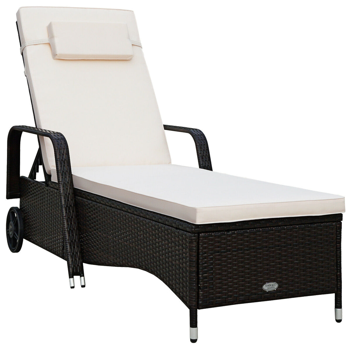 Patio Wicker Chaise Lounge Chair with Wheels - White