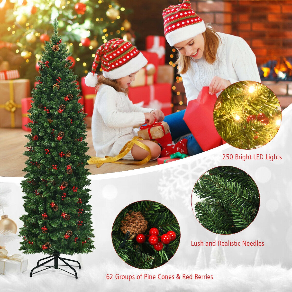 Pre-lit Artificial Christmas Tree 6.5Ft Slim Hinged Pencil Tree with Lights & Decorations