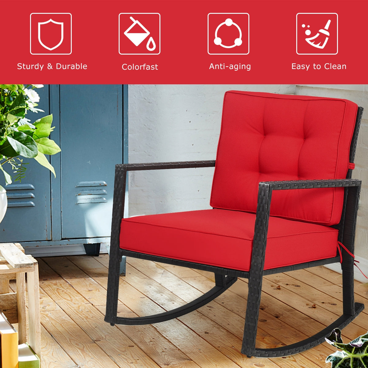 Rattan Rocking Chair with Cushion, Red