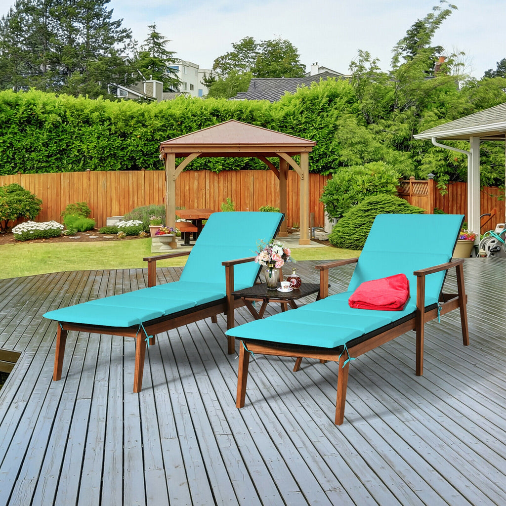 3 Pieces Portable Patio Cushioned Rattan Lounge Chair Set with