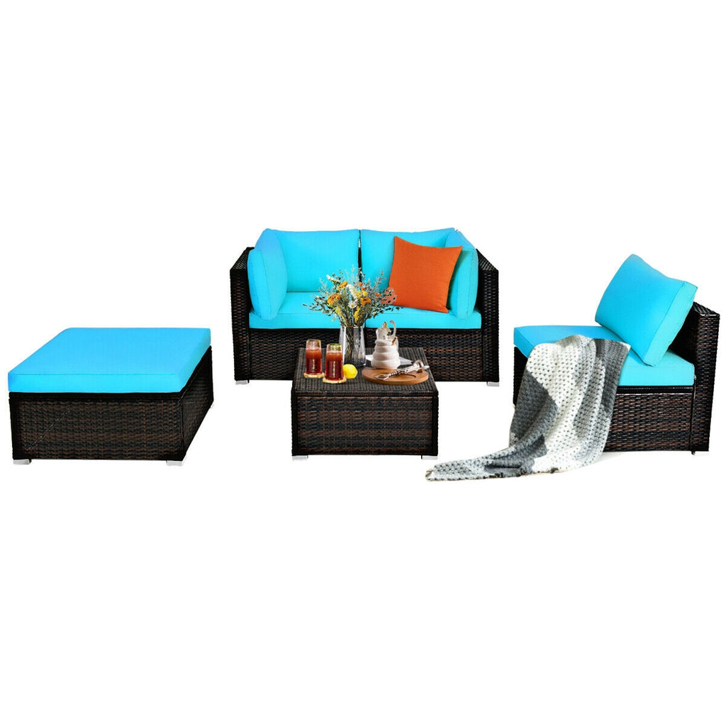 5-Piece Patio Sectional Sofa Set with Ottoman & Cushions - Blue