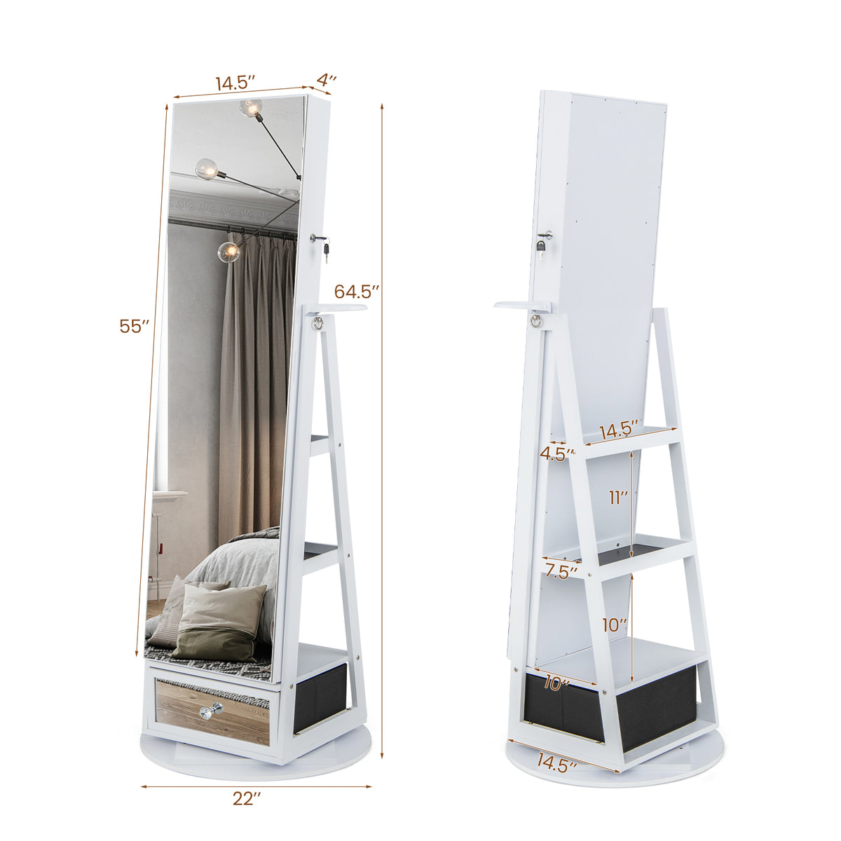 Lockable 360° Swivel Jewelry Cabinet with Full-Length Mirror, LED Lights - White