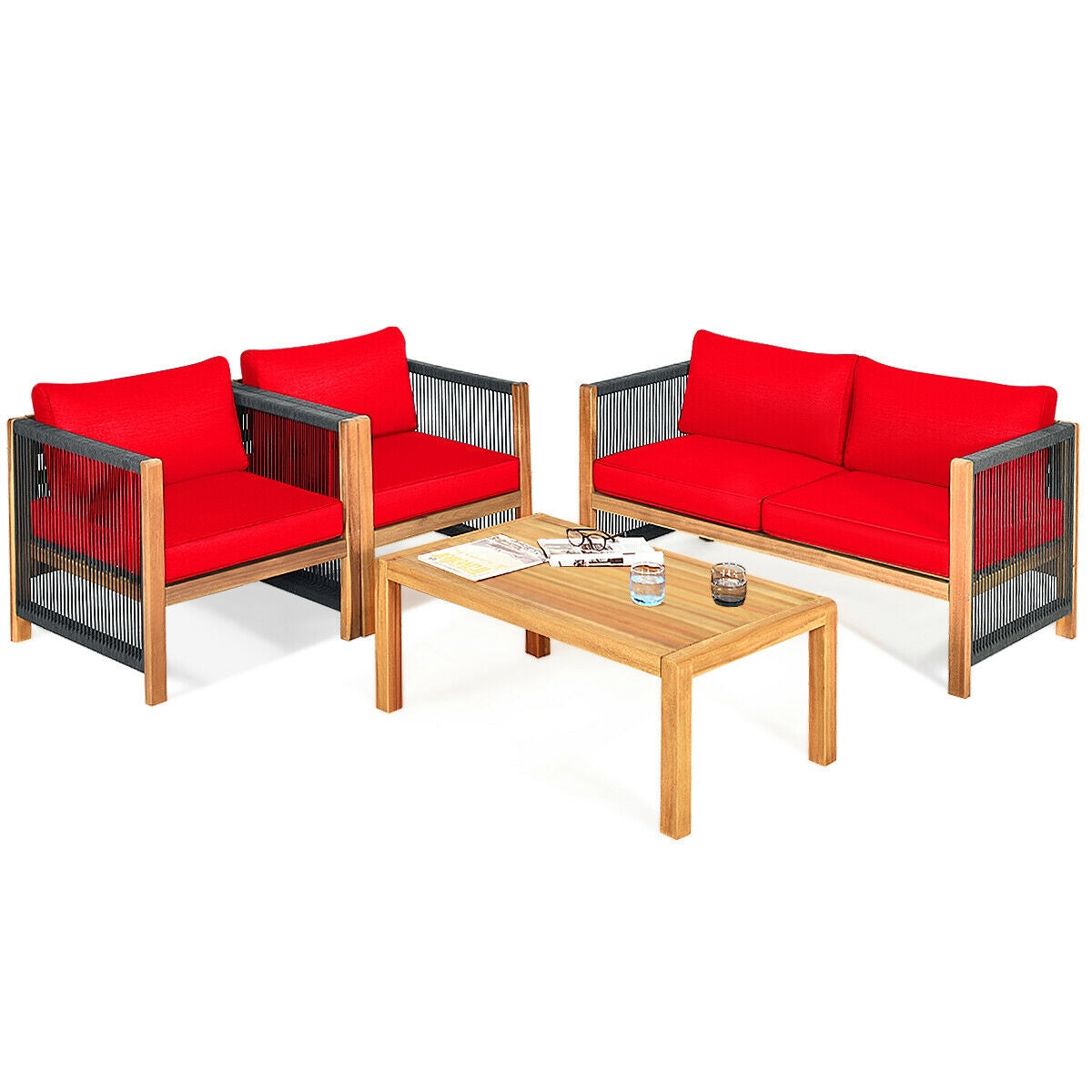 Acacia Wood Outdoor Sofa Set with Cushions - Red