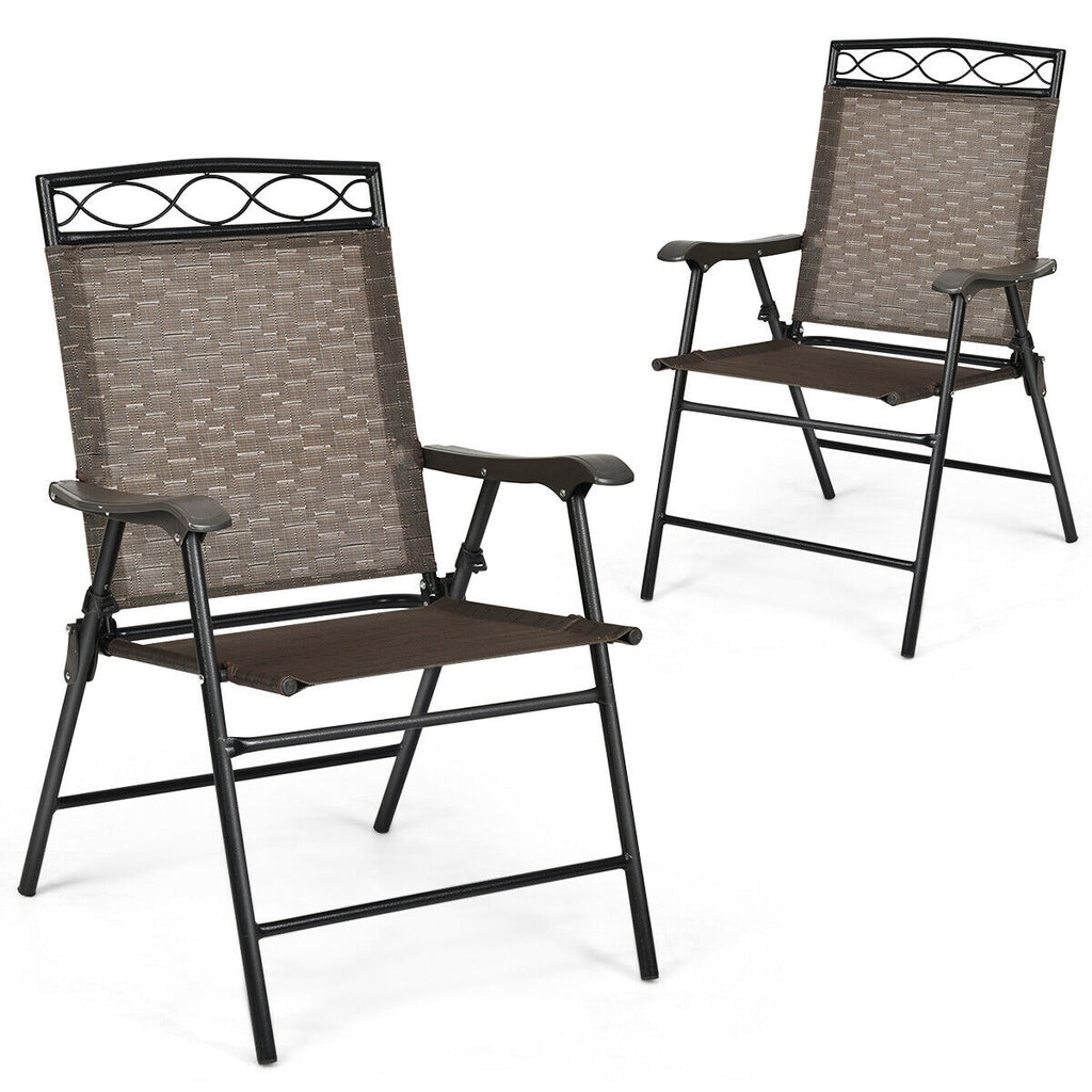 Set of 2 Patio Folding Chairs Sling Portable Dining Chair with Armrest