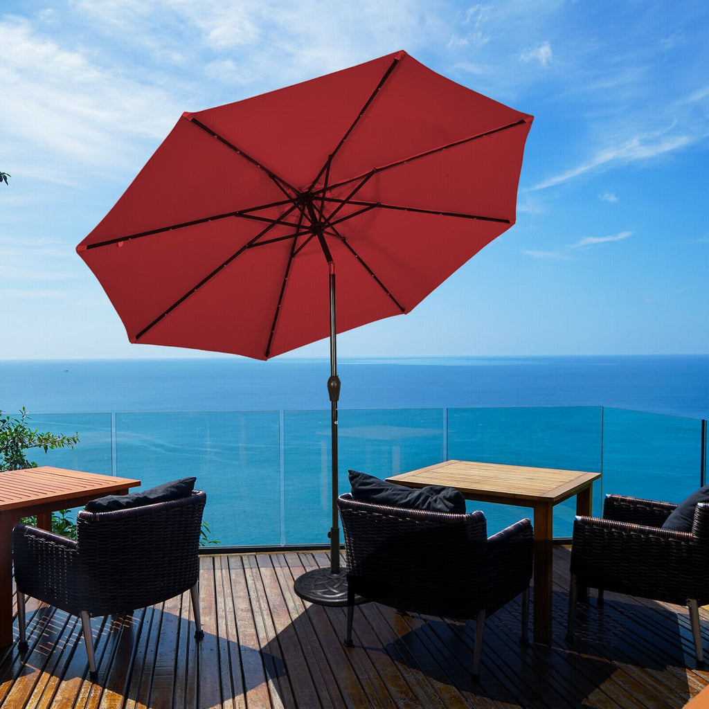 10 FT Patio Umbrella with Solar LED Lights - Dark Red