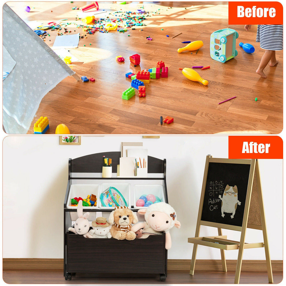 Kids Toy Storage Organizer with Rolling Toy Box and Plastic Bins - Dark Brown