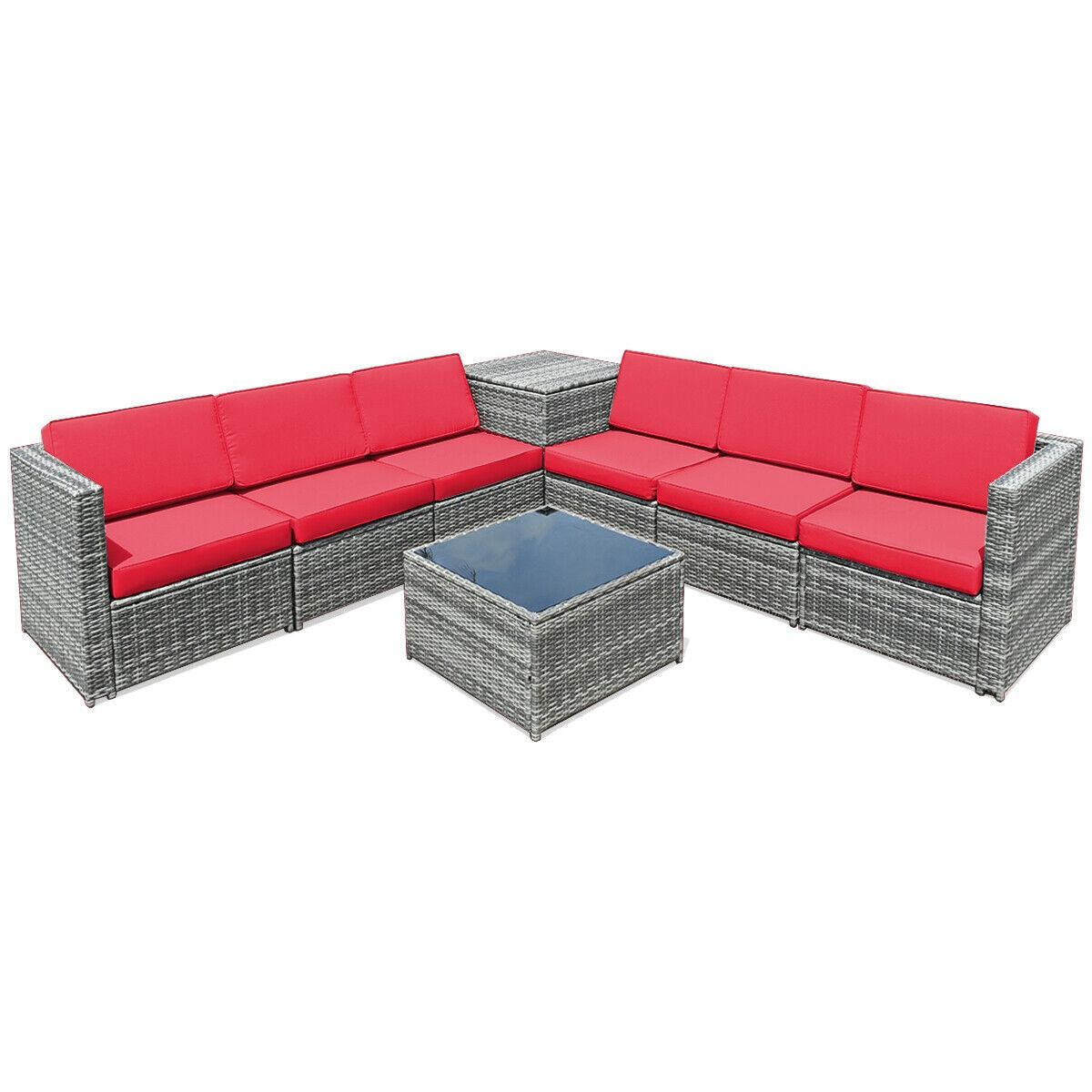 8-Piece Rattan Sofa Dining Set with Storage Table - Gray Red