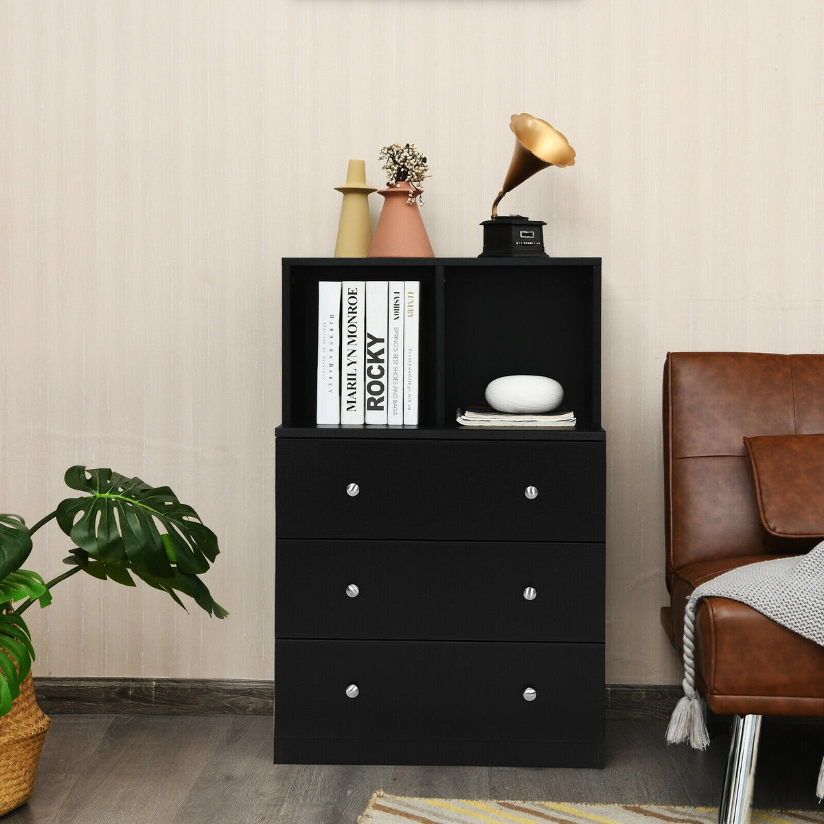 3 Drawer Dresser with Cubbies Storage Chest - Black