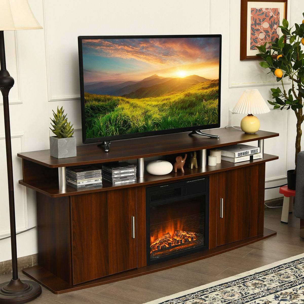 TV Entertainment Console for 70" TV with Fireplace - Walnut