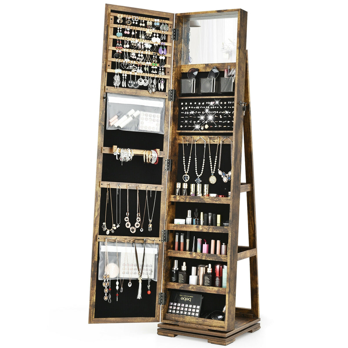 360° Rotating Jewelry Cabinet with Mirror, Rustic Brown - 3 Shelves