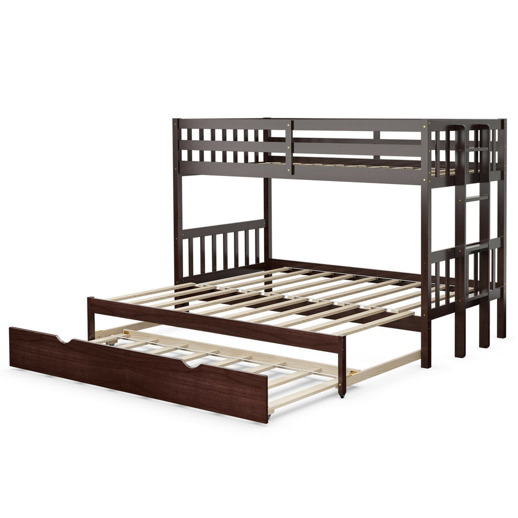 Twin Bunk Bed with Trundle & Wooden Ladder - Dark Brown