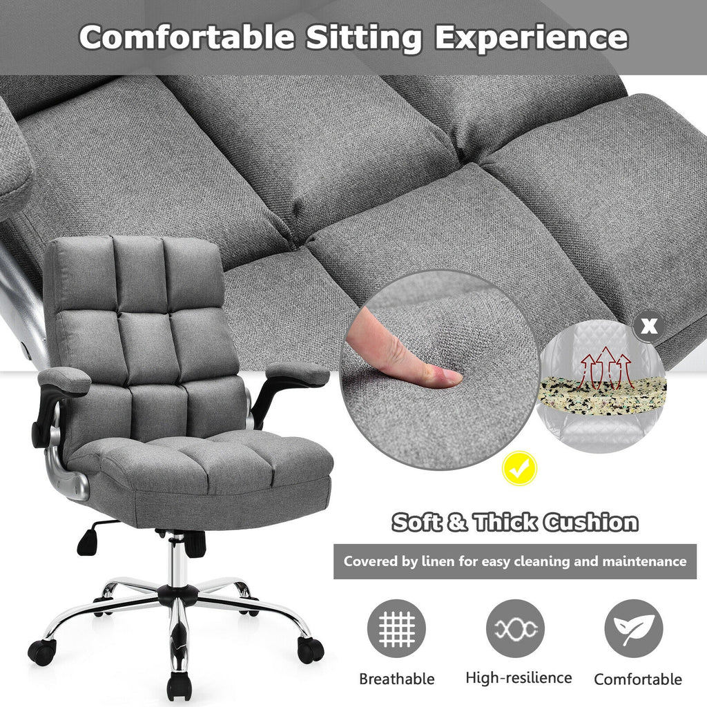 High Back Office Chair with Flip-up Armrests - Gray Linen