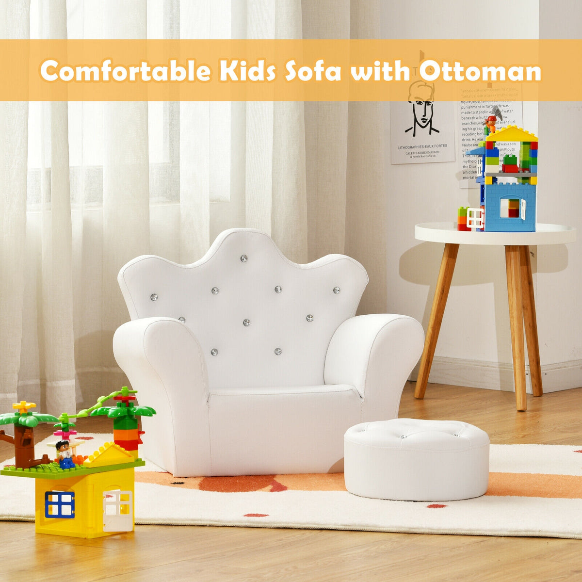 Children Upholstered Princess Sofa with Ottoman - White, Safe & Comfortable