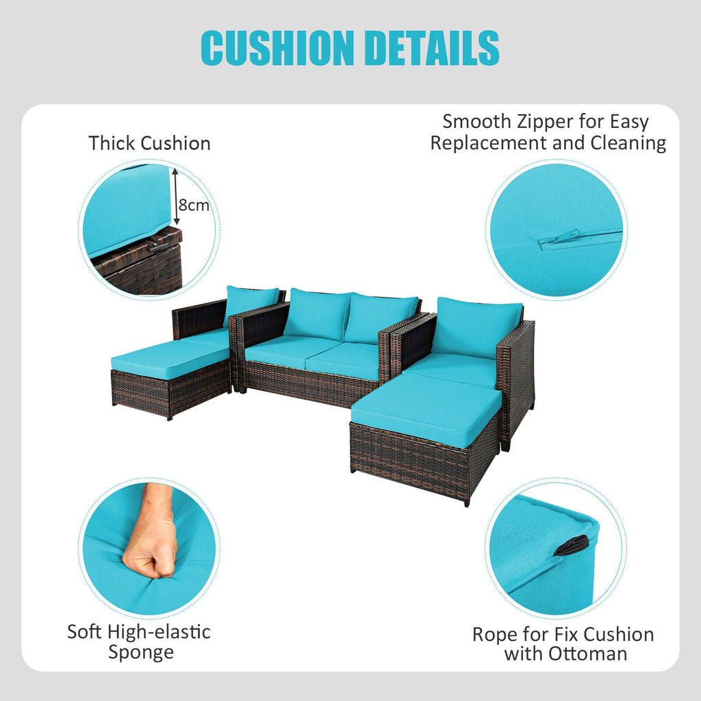 5-Piece Patio Rattan Furniture Set with Cushions - Turquoise