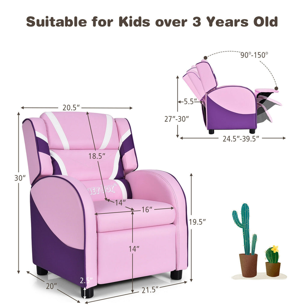 Kids Leather Recliner Chair with Side Pockets - Pink, Style B, Adjustable