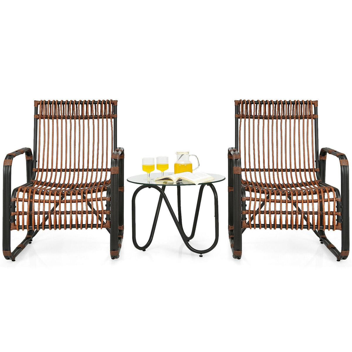 3 Pieces Patio Rattan Furniture Set with 2 Single Wicker Chairs and