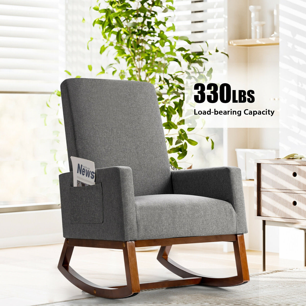 Rocking High Back Upholstered Armchair with Side Pocket - Gray