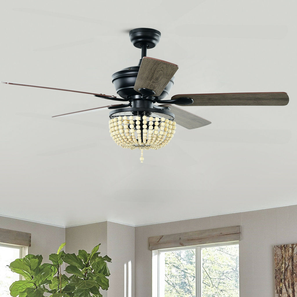 Retro Ceiling Fan Light with Reversible Blades and Remote Control - Black 52 Inch