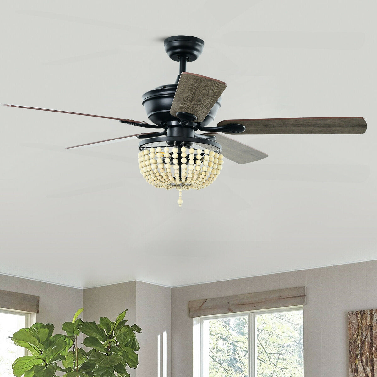 Retro Ceiling Fan Light with Reversible Blades and Remote Control - Black 52 Inch