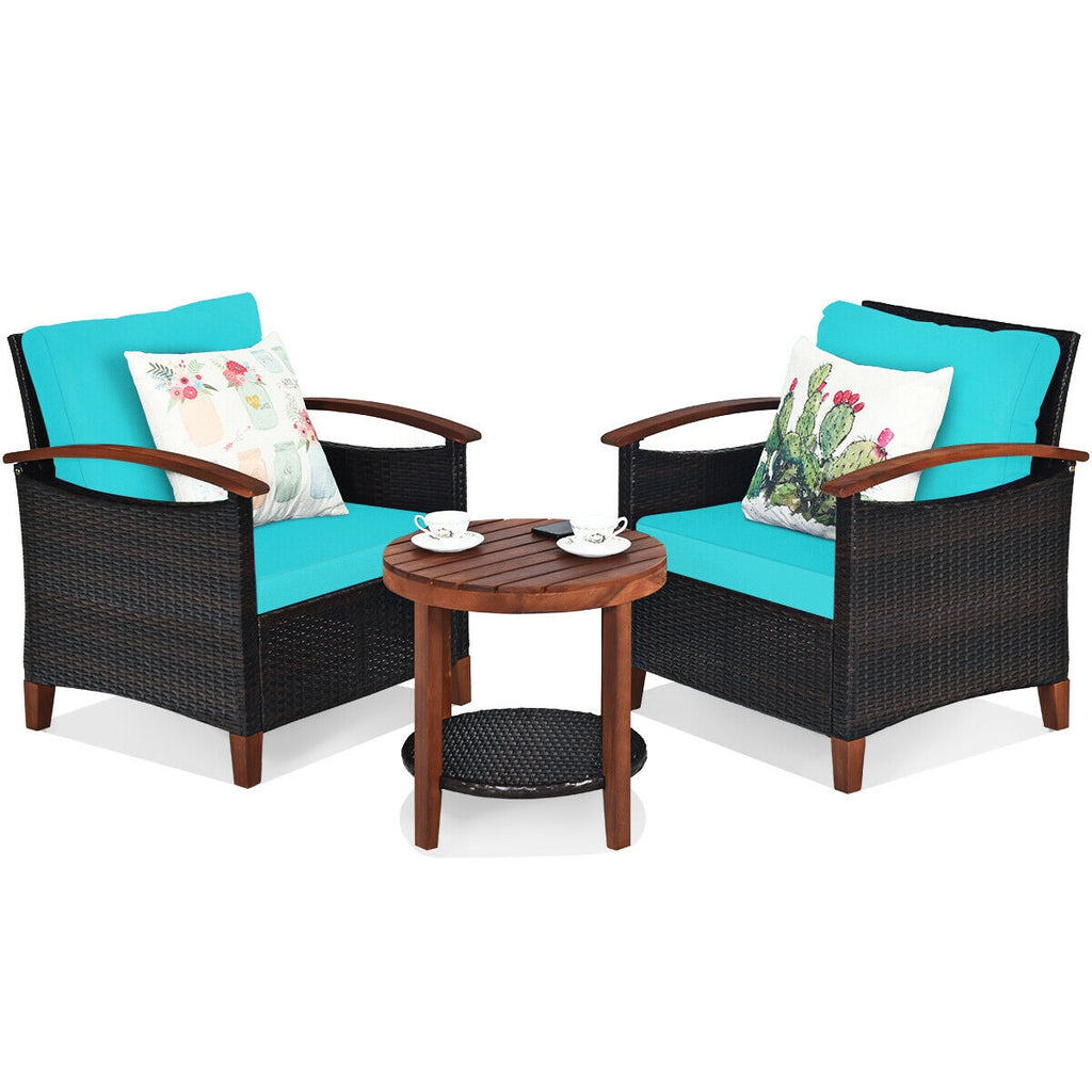 3-Piece Patio Wicker Furniture Set with Cushions - Turquoise