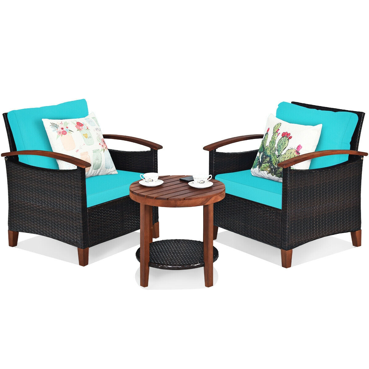 3-Piece Patio Wicker Furniture Set with Cushions - Turquoise