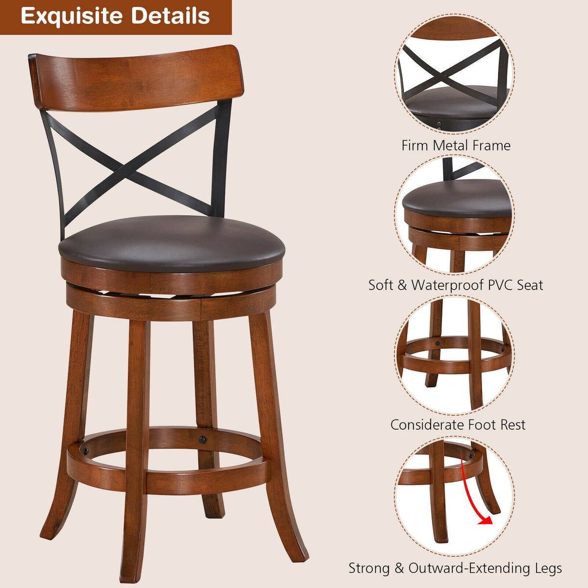 Set of 2 Bar Stools 360-Degree Swivel X-Back 25 inches