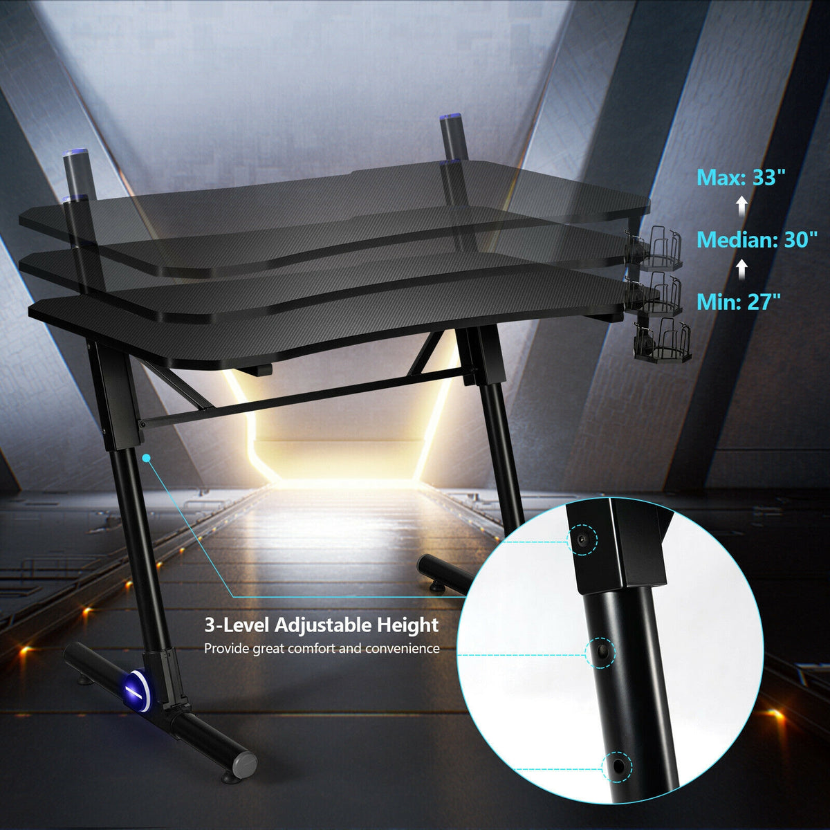 43.5" Height Adjustable Gaming Desk with Blue LED Lights