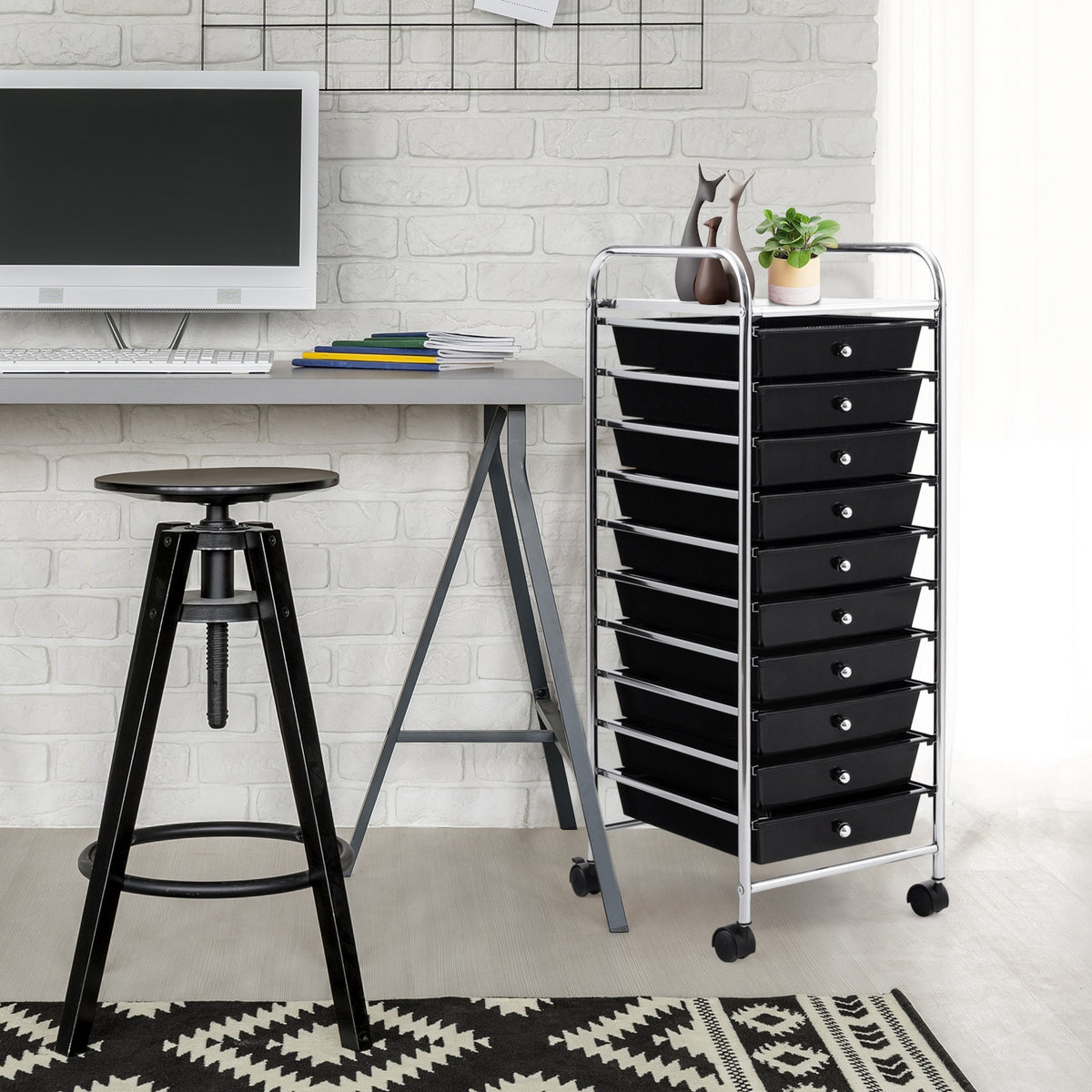 10-Drawer Rolling Storage Cart Organizer with Wheels - Black
