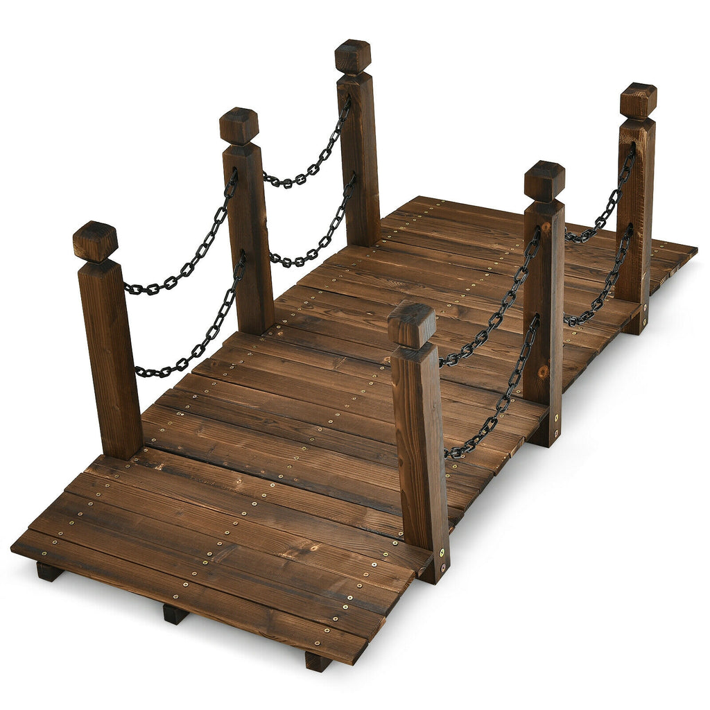 5 Feet Wooden Garden Bridge Arc Footbridge with Chain Railings - Fir Wood, 60 Inch L, Stained Finish