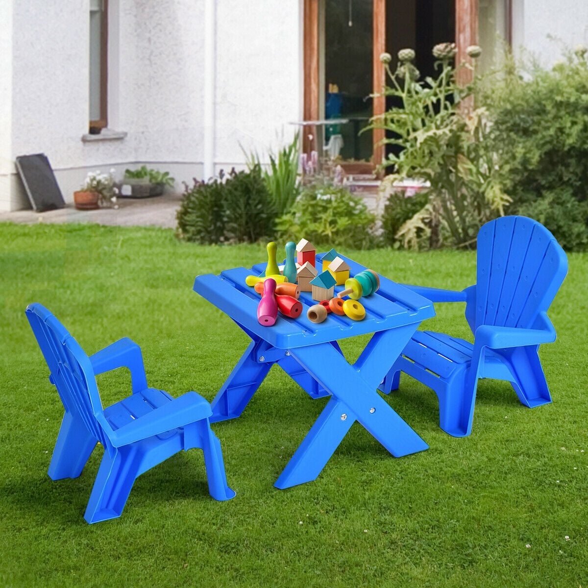 Blue 3-Piece Children's Plastic Play Table and Chair Set