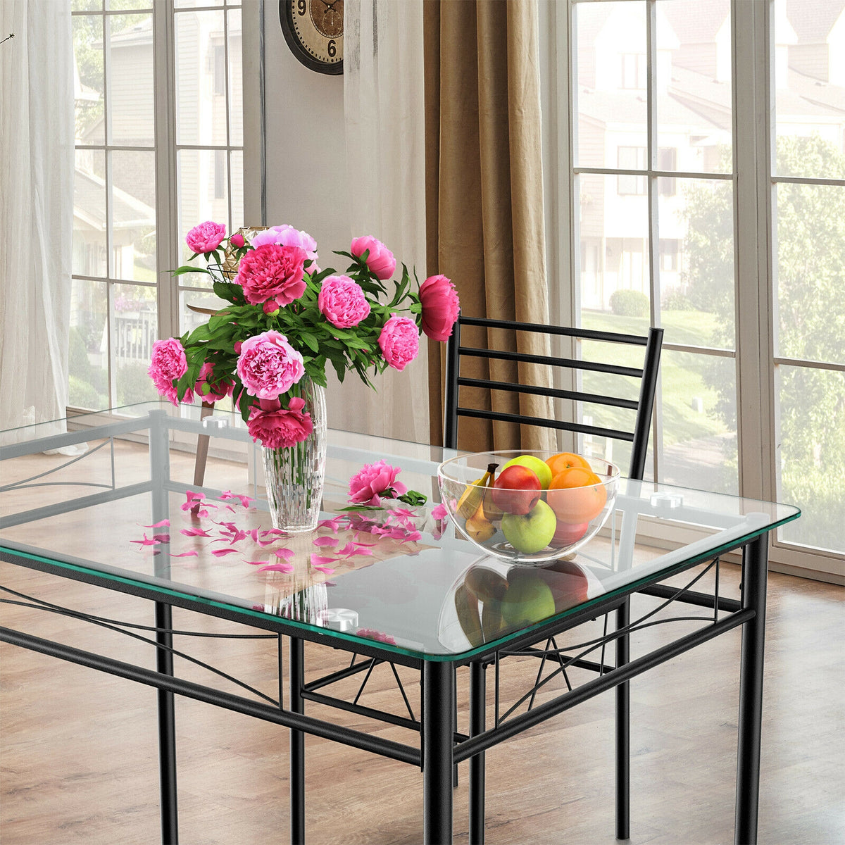5-Piece Dining Set with Tempered Glass Top Table and 4 Upholstered Chairs