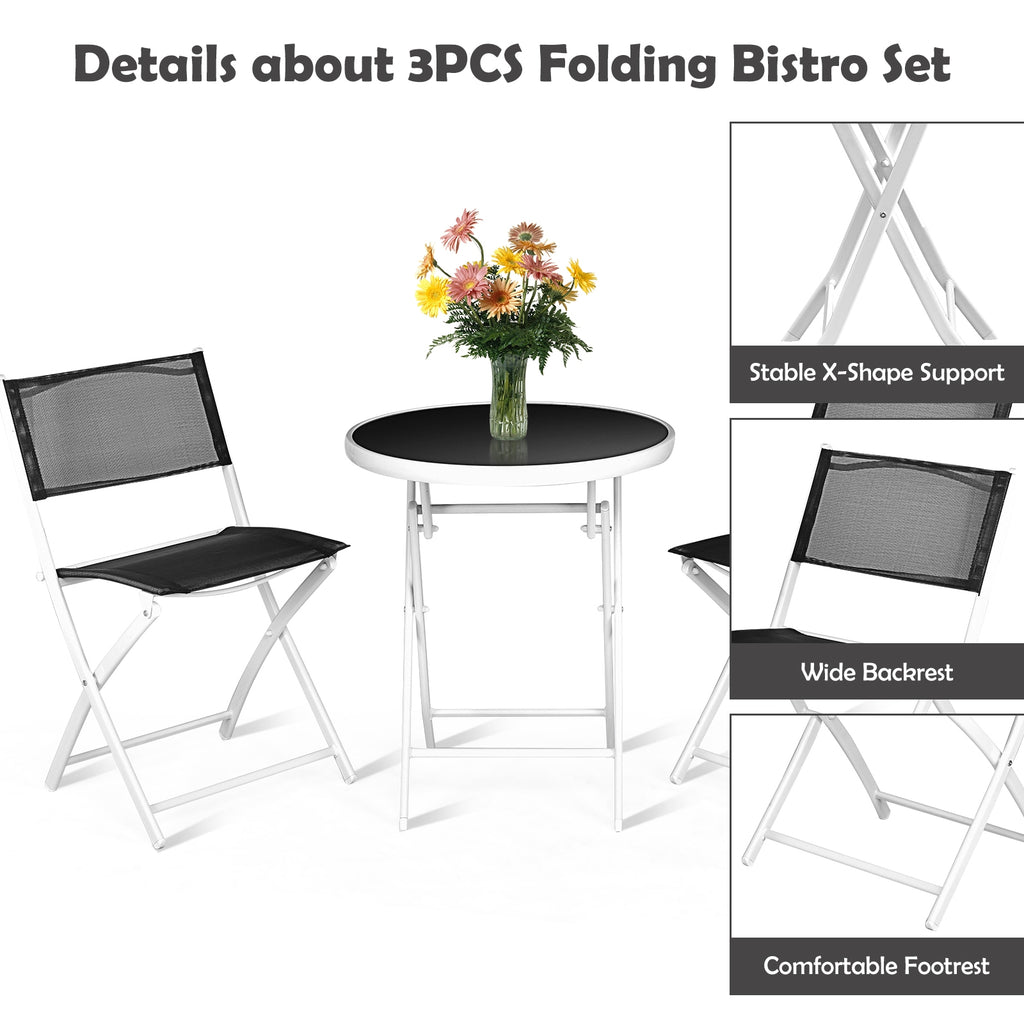 3-Piece Patio Bistro Set with Folding Chairs & Glass Table - Black Textile