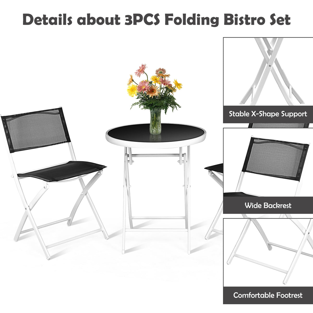 3-Piece Patio Bistro Set with Folding Chairs & Glass Table - Black Textile
