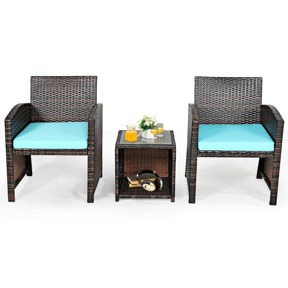 3 Pieces PE Rattan Wicker Furniture Set with Cushion Sofa Coffee