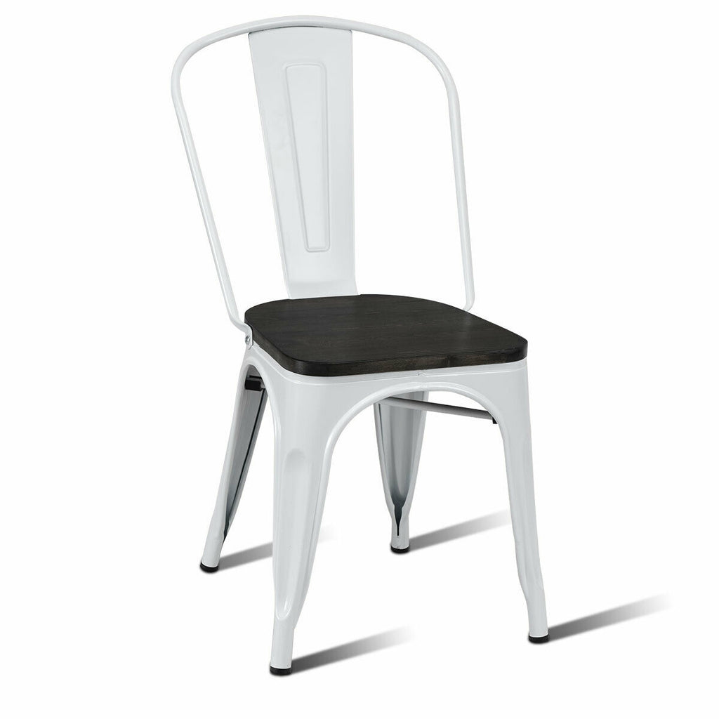 Metal Dining Chairs with Wood Seat Set of 4 - White