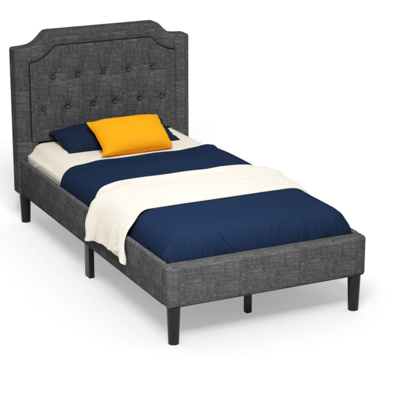 Linen Twin Upholstered Platform Bed with Button-Tufted Headboard