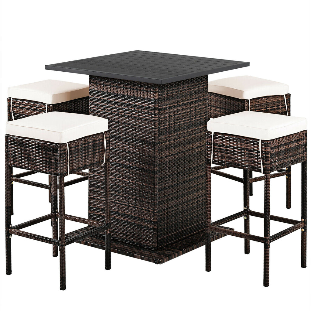 5-Piece Rattan Bar Set with 4 Counter Stools – Brown