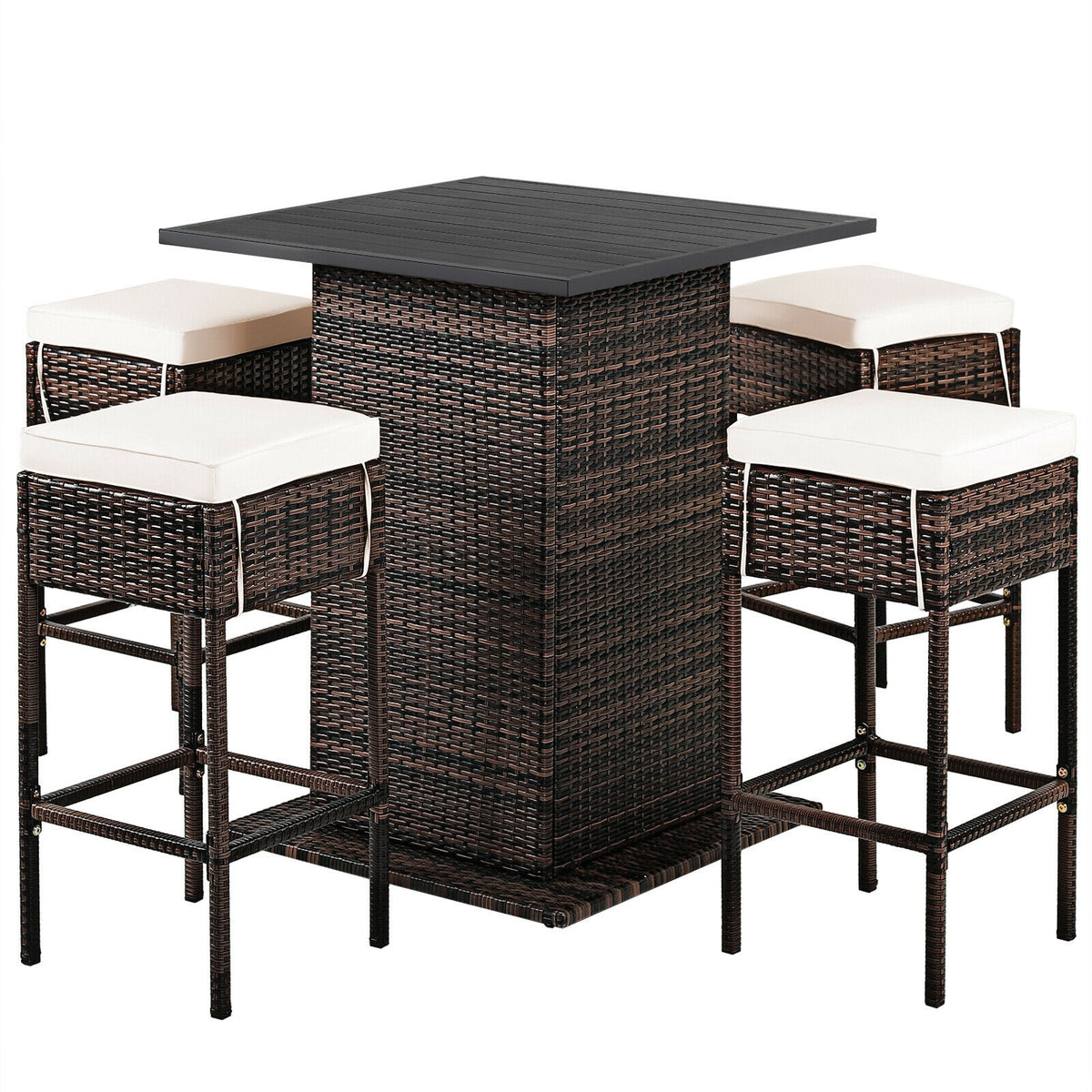 5-Piece Rattan Bar Set with 4 Counter Stools – Brown