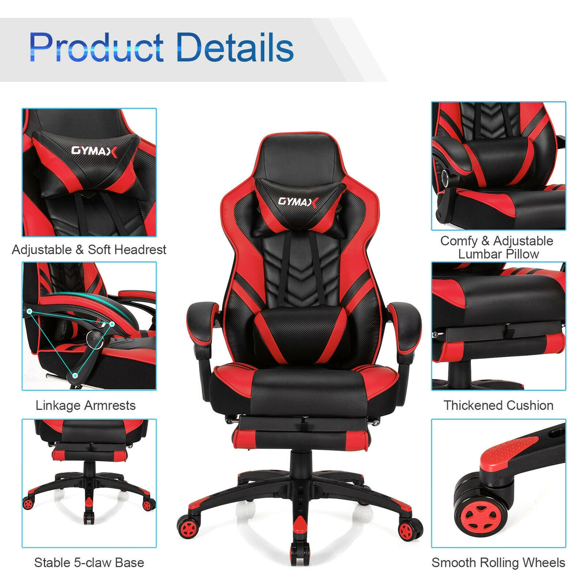 Adjustable Gaming Chair with Footrest, Red