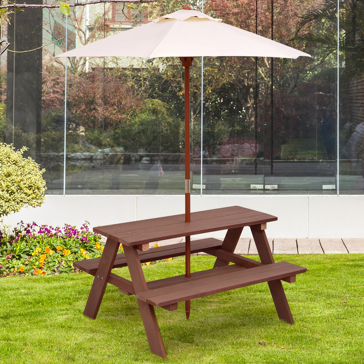 Kids Picnic Table Set with Removable Umbrella - Brown, 4 Seats