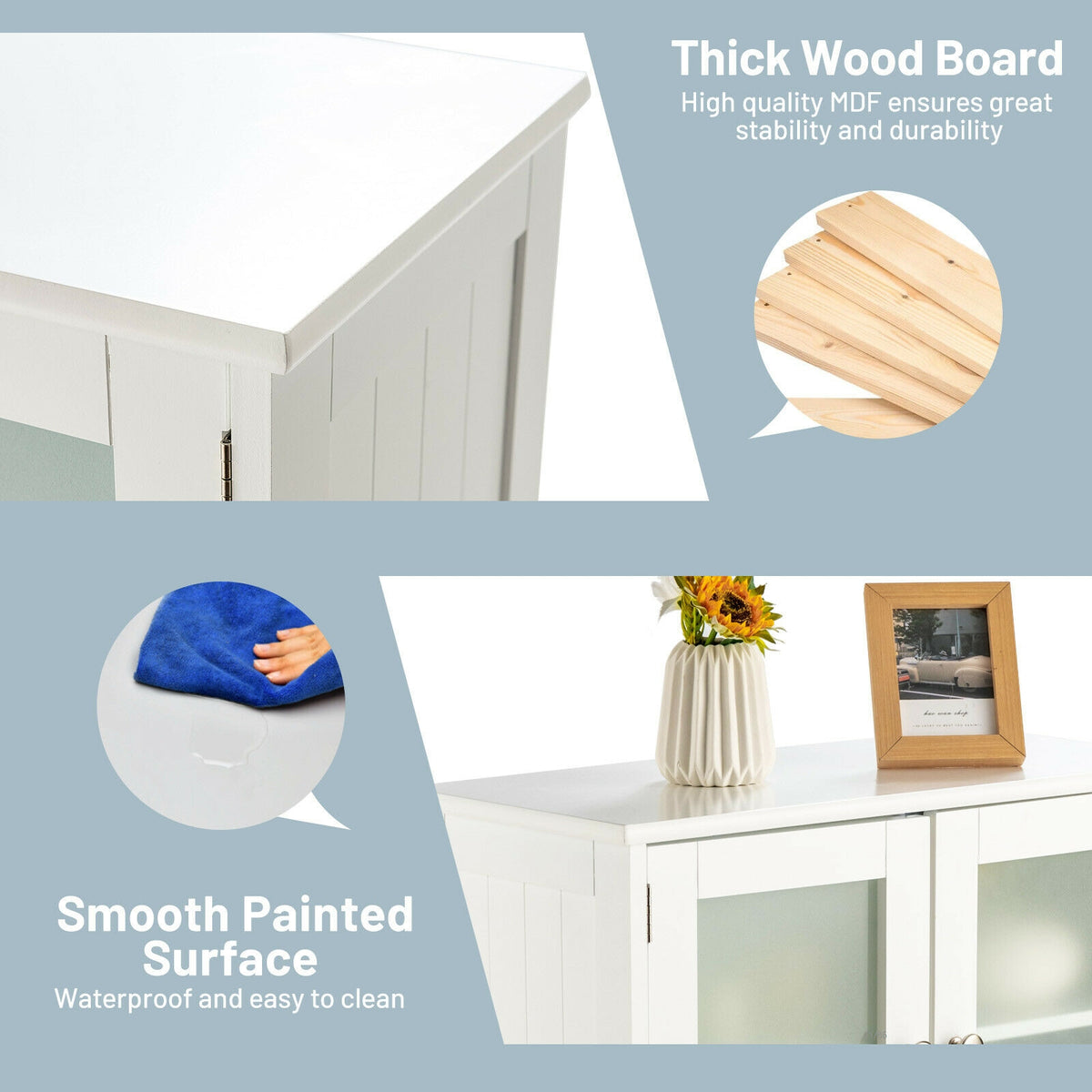 Bathroom Floor Storage Cabinet with Glass Doors and Adjustable Shelf