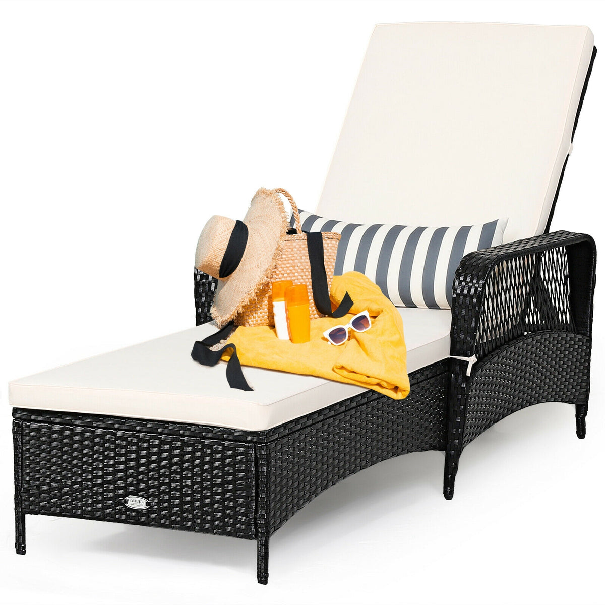 Patio Wicker Chaise Lounge Chair with Pillow and Adjustable Backrest
