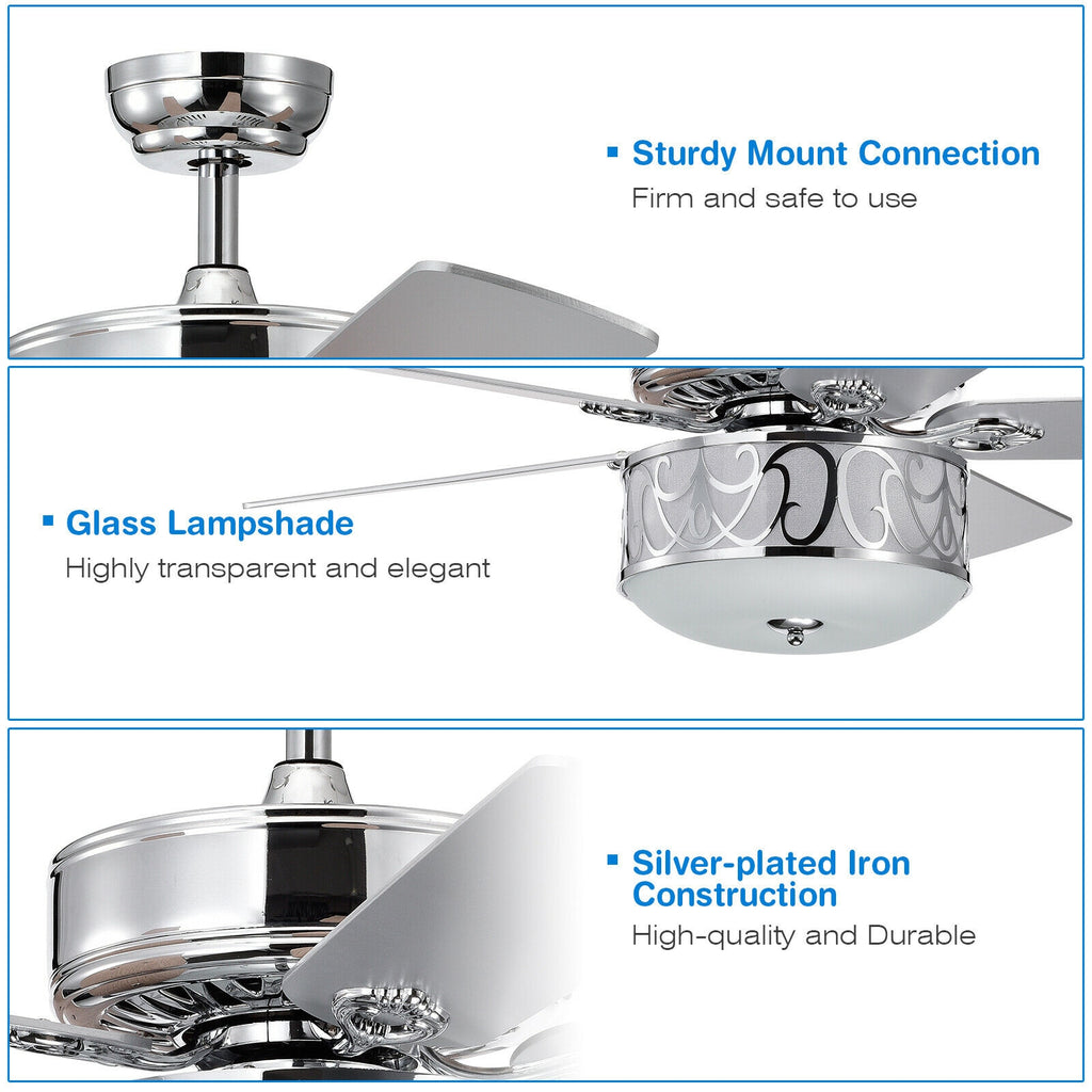 52-Inch Ceiling Fan with Light Reversible Blades and Remote Control - Silver