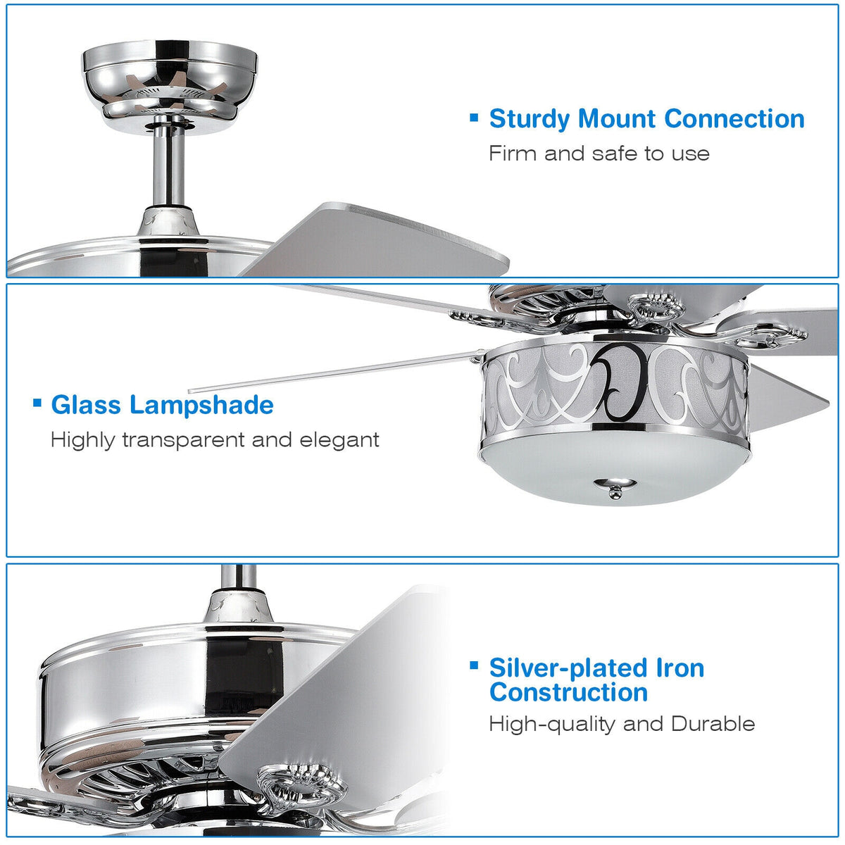 52-Inch Ceiling Fan with Light Reversible Blades and Remote Control - Silver