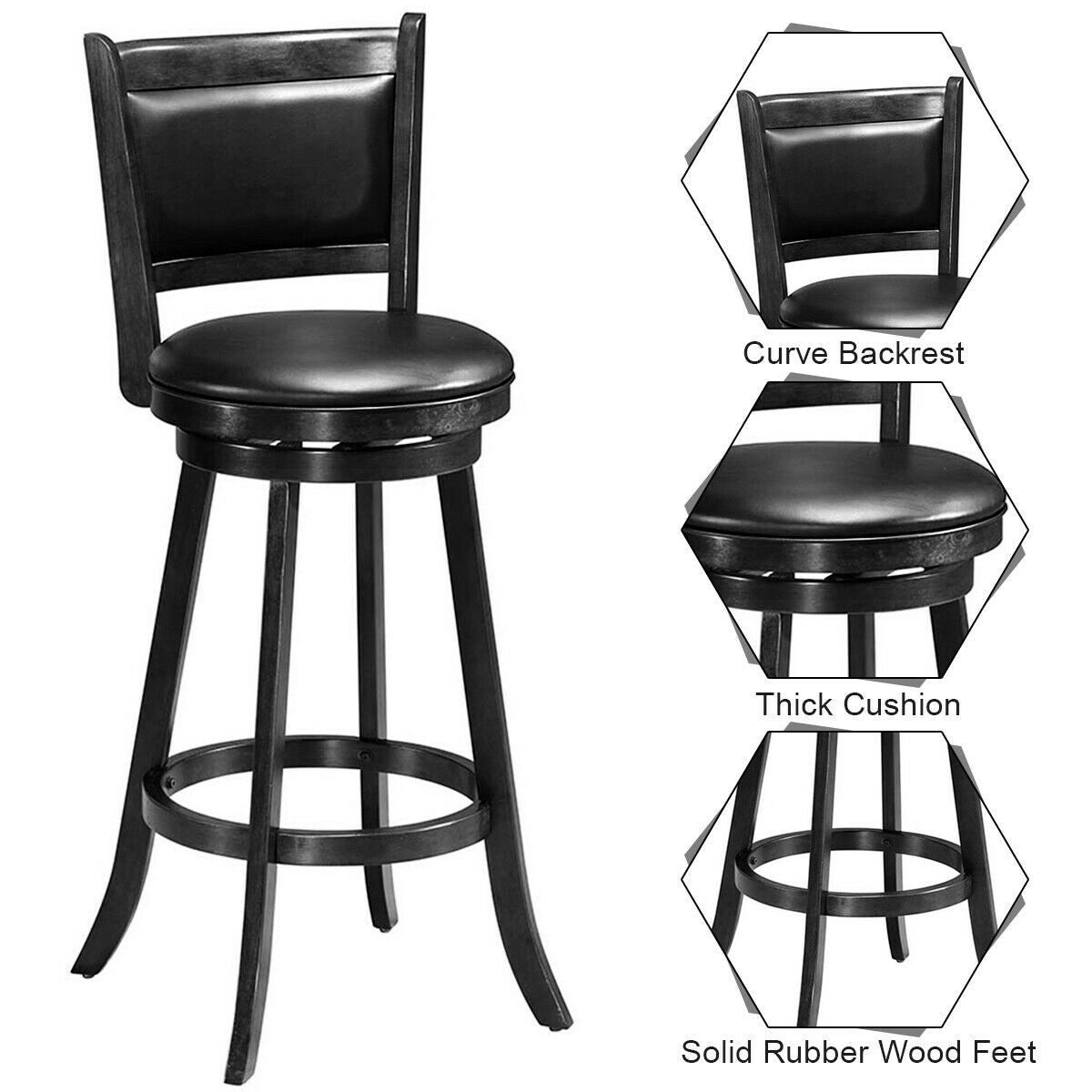 29 Inch Wooden Swivel Bar Stool with PVC Cushioned Seat - Black