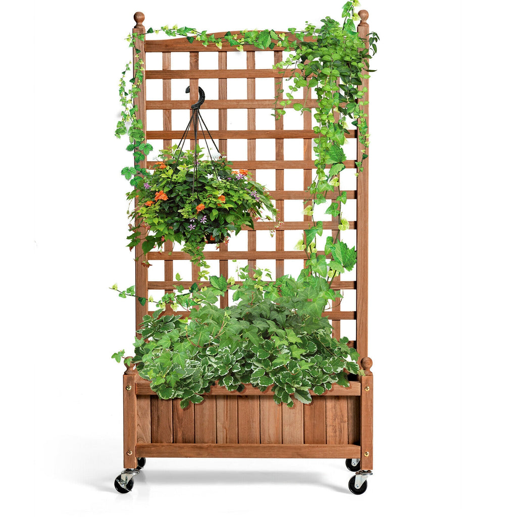 50 Inch Wood Planter Box with Trellis Mobile Raised Bed for Climbing