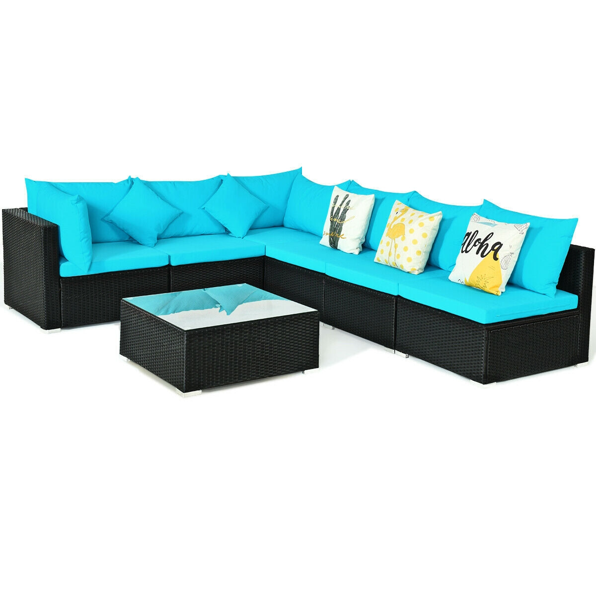 7 Pieces Sectional Wicker Sofa Set with Coffee Table - Black Rattan, Blue