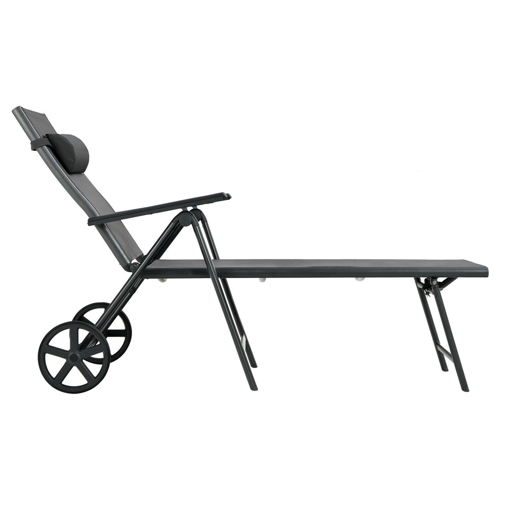 Patio Lounge Chair with Wheels Neck Pillow Aluminum Frame Adjustable