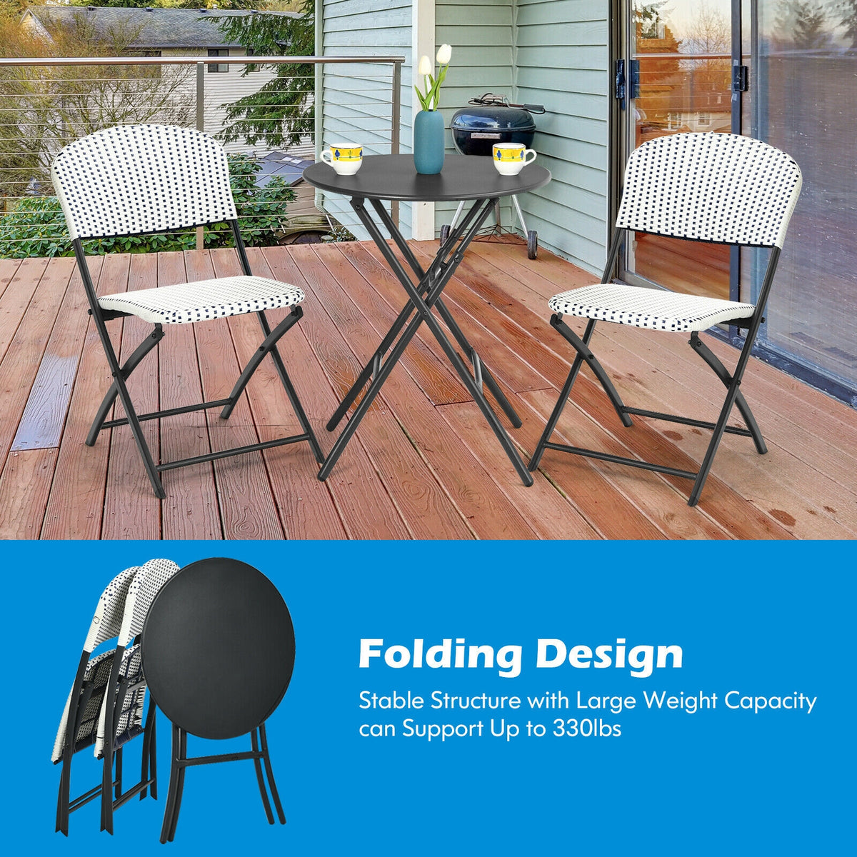 3 Pieces Patio Rattan Bistro Set with Round Dining Table and 2 Chairs