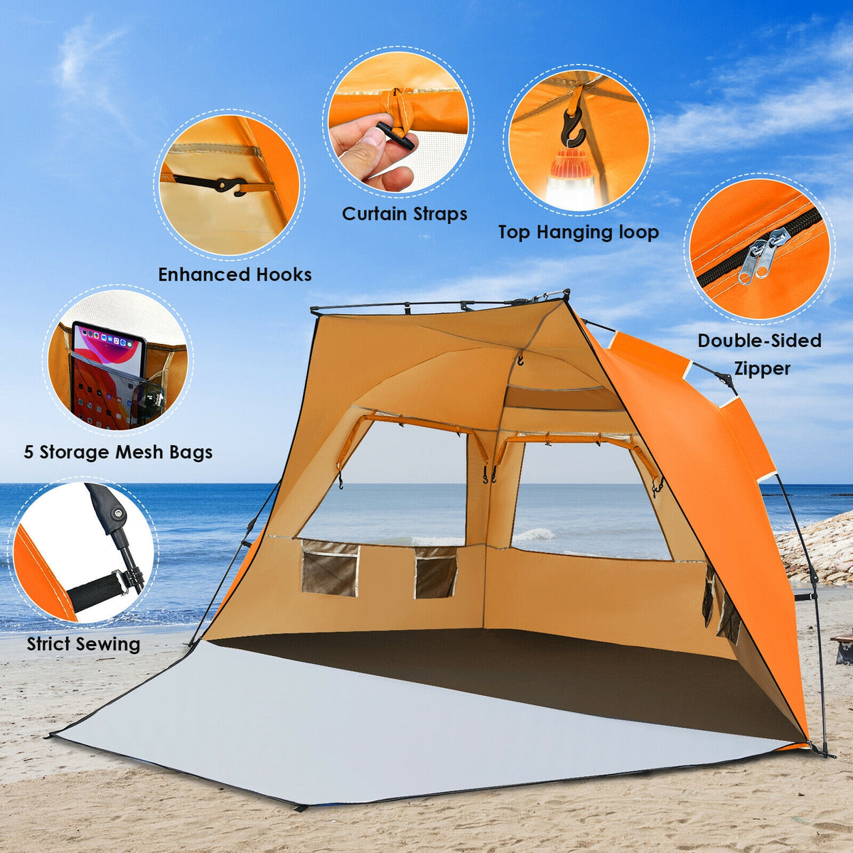 Pop-Up Beach Tent 3-4 Person UPF 50+ Sun Shelter – Orange